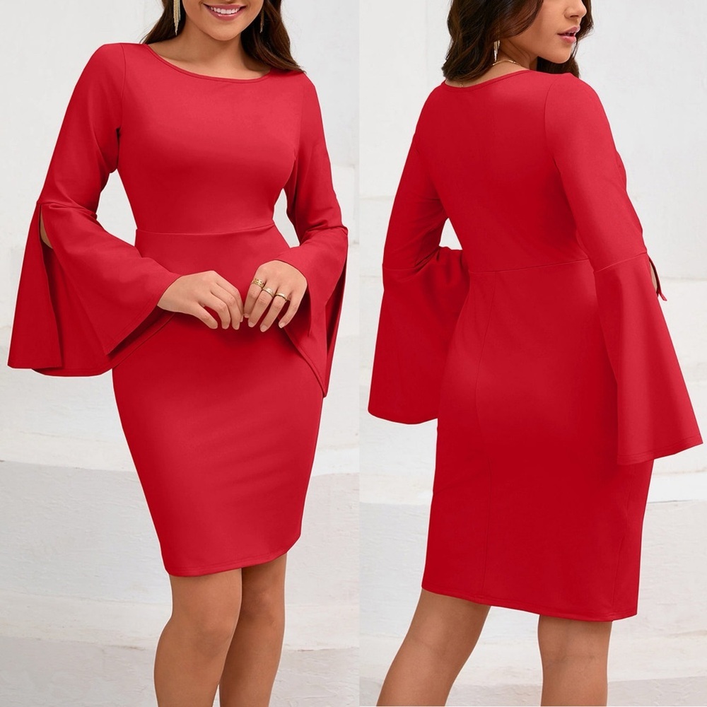 VfEmage Red Sheath Dress with Bell Sleeves for Cocktail
